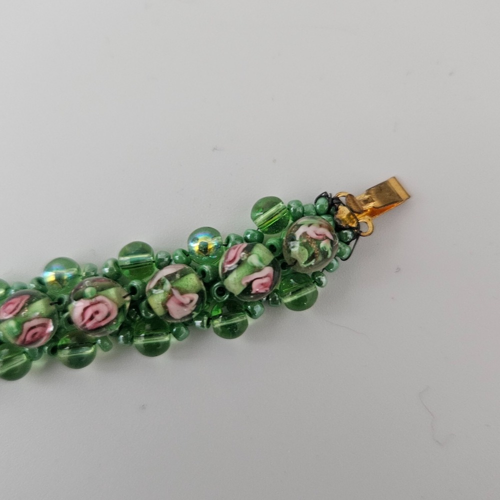 Glass Beaded Green Bracelet Flower Beads Floral Box Clasp 6 1/4" - Picture 4 of 10